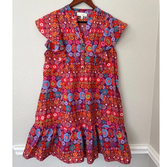 Pinch Canyon Trail Dress Floral Print Ruffle Sleeve Mini Colorful Size Large - Picture 3 of 9